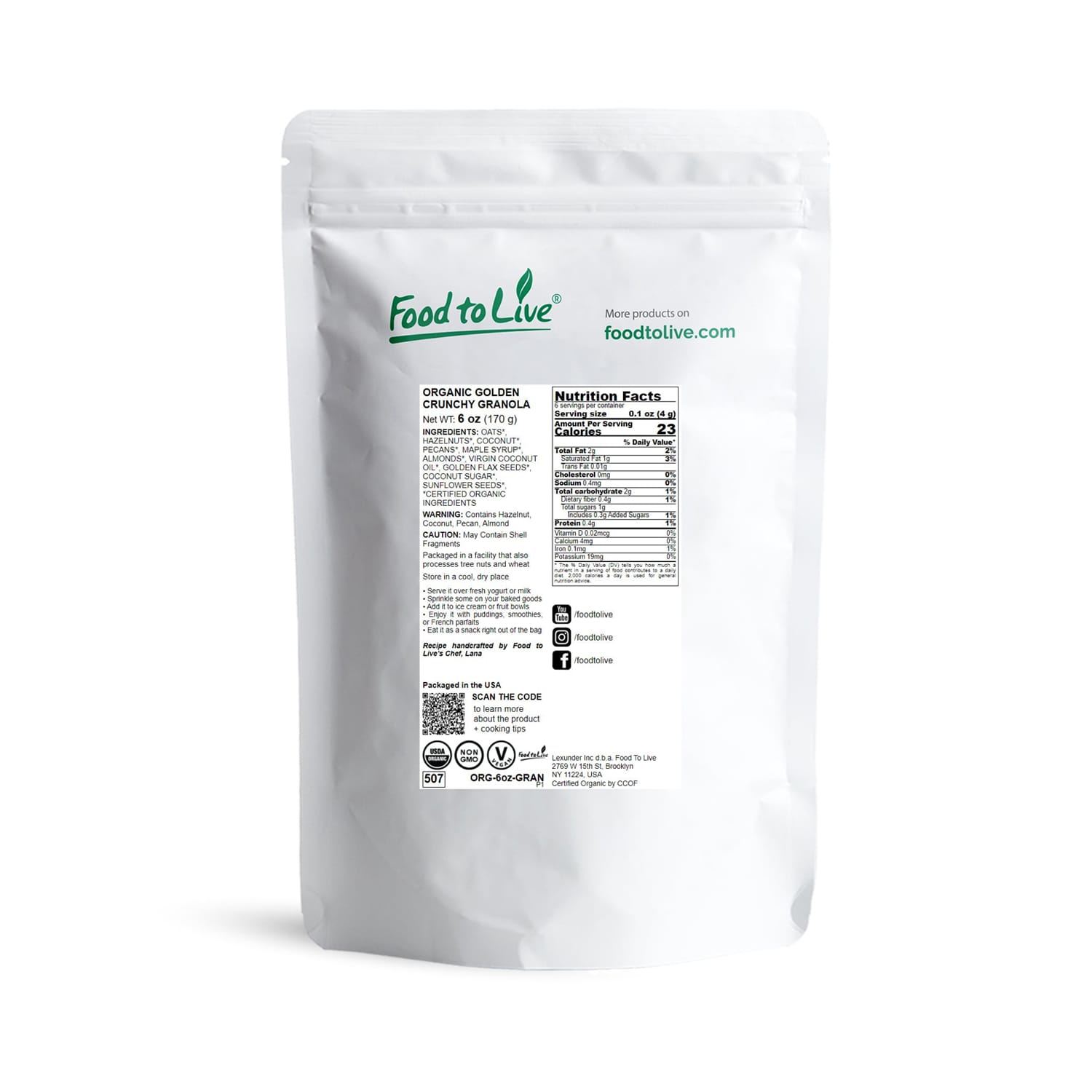 Organic Golden Crunchy Granola, 6 Ounces — Non-GMO, Vegan, Kosher — by Food to Live - Image 2